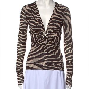 Roberto cavalli Zebra Print Long Sleeve Top with Beige Straw Bag